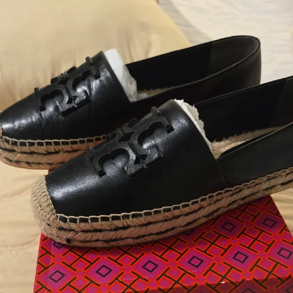 Tory Burch Black Ines Leather Platform Espadrille Slip-On Flats with Logo - Picture 7 of 8
